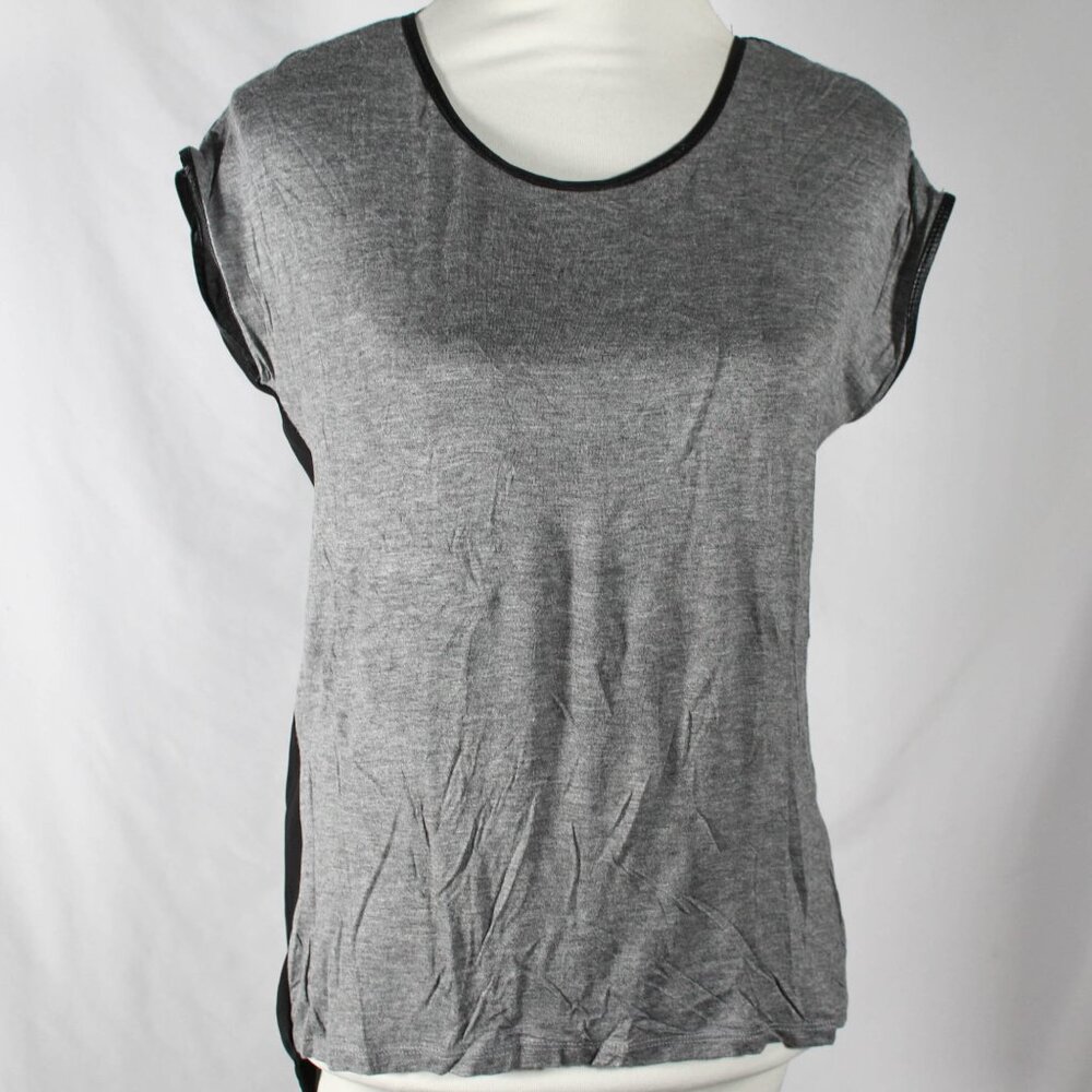 Gray Front with Black Chiffon Tuxedo Tail High-Low Blouse Size Medium